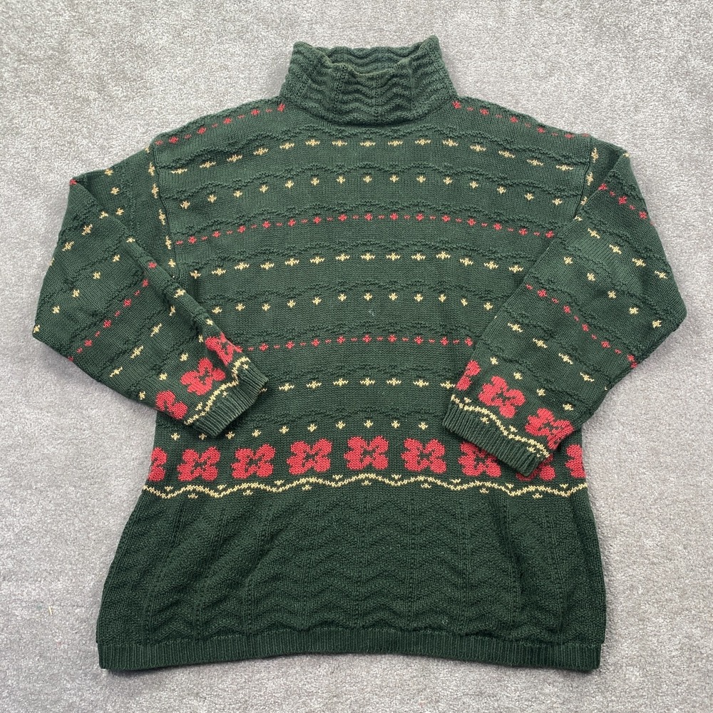 Vintage Woods Gray Women's Flower Hand Cable Knit Pullover Sweater‎ Size L Green